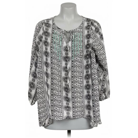 Kori Tops - Kori Size Small Black & White Boho Print Embroidered Tassel Tie Blouse